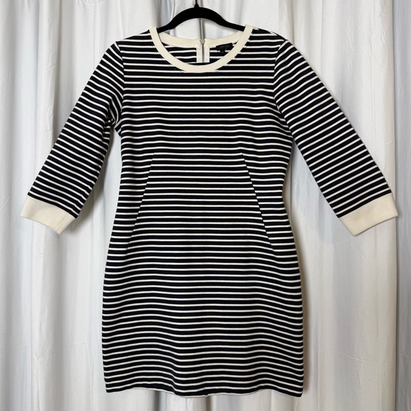 Theory Bimini Zamion Striped Dress Navy White Stretch Women’s 10 - Picture 2 of 15